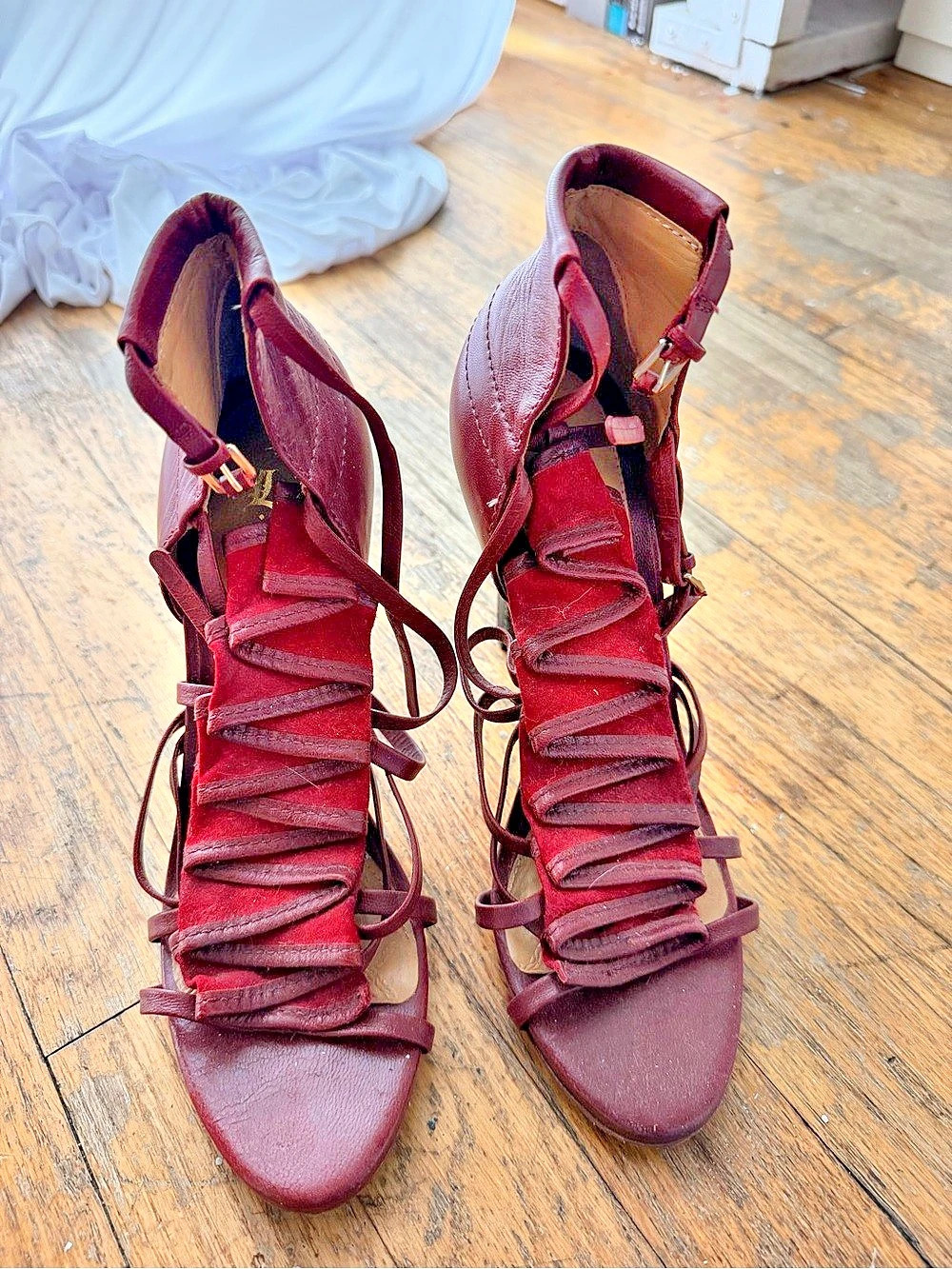 L.A.M.B. Burgundy Leather Lace-Up Heels — Ruffled Gladiator Style